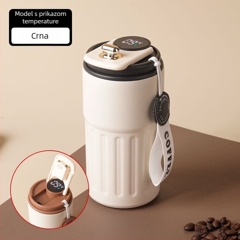 Termos šalica za kavu sa pametnim mjerenjem temperature, vakuumska izolacija, unutarnji spremnik od 316 nehrđajućeg čelika, prijenosna uz šnuru