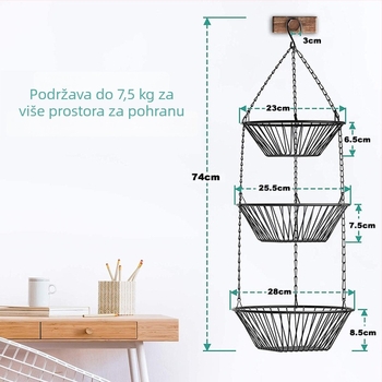 Trostruki željezni viseći koš za voće, otvoren dizajn, sklopiv, moderan minimalistički stil