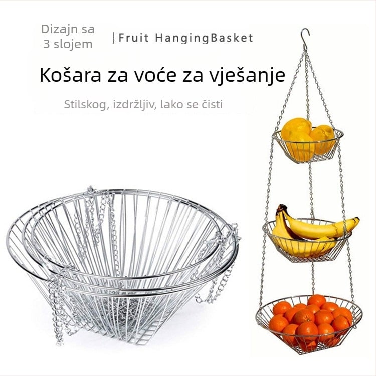 Trostruki željezni viseći koš za voće, otvoren dizajn, sklopiv, moderan minimalistički stil