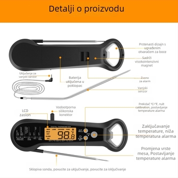 Sklopni vodootporni kuhinjski termometar s dvostrukom sondom – rezolucija 0,1°C