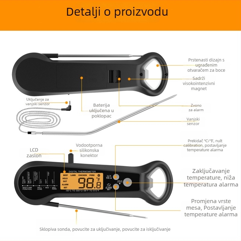 Sklopni vodootporni kuhinjski termometar s dvostrukom sondom – rezolucija 0,1°C