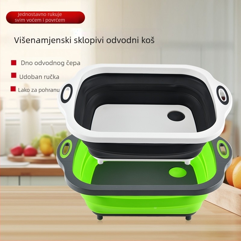 3-u-1 sklopiva posuda za odvod vode za povrće, s pločom za pranje i daskom za rezanje, PP+TPR