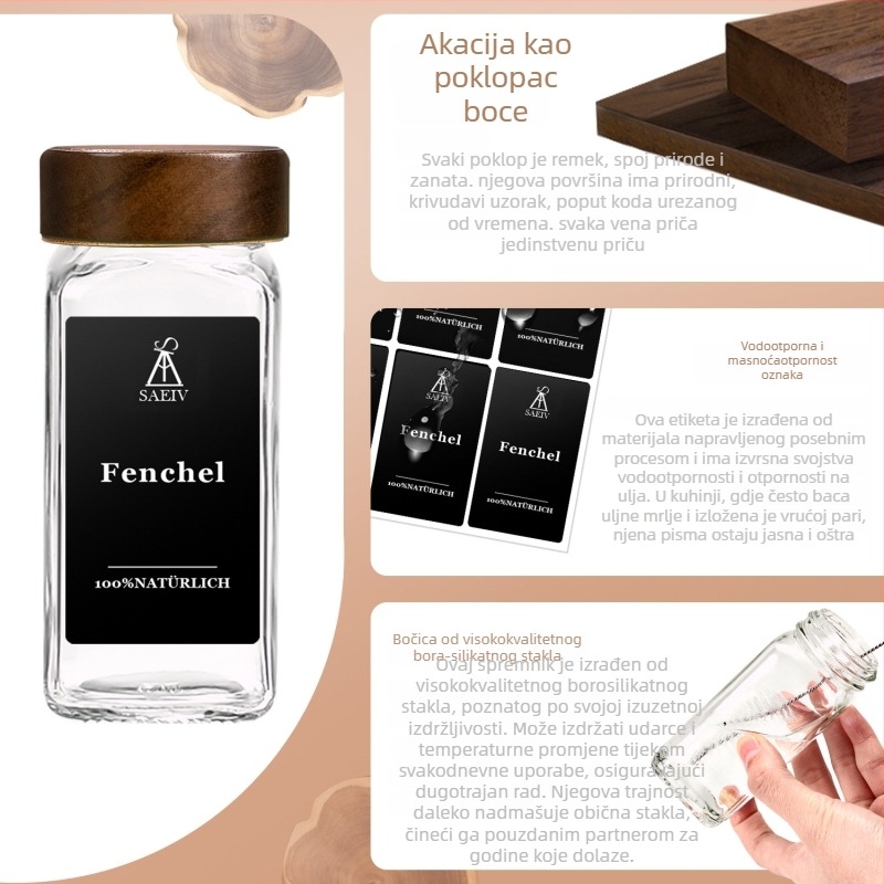 Stakleni set posuda za začine s kapicama od bambusa, aluminija ili akacije