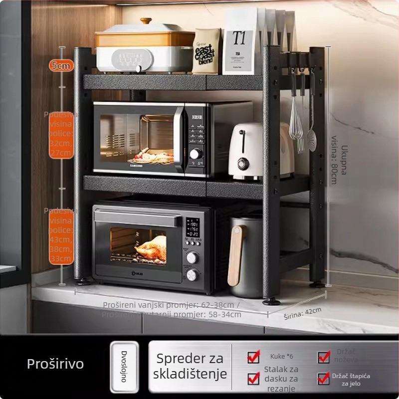 Teleskopski kuhinjski regal za skladištenje, kompatibilan s mikrovalnom pećnicom i stolnom pećnicom, metalni, jednoslojni ili dvostruki sloj, nordijskog stila