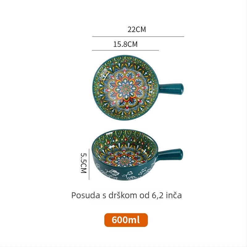 Porcelanska zdjela za salatu s ručkom, uzorak biljaka, nordijski stil, okrugli oblik, otporna na mikrovalnu