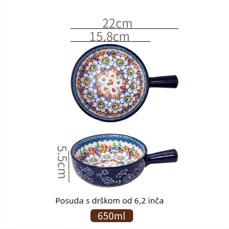 Porcelanska zdjela za salatu s ručkom, uzorak biljaka, nordijski stil, okrugli oblik, otporna na mikrovalnu