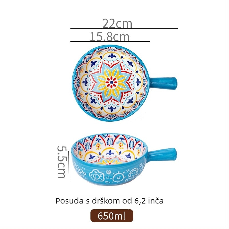 Porcelanska zdjela za salatu s ručkom, uzorak biljaka, nordijski stil, okrugli oblik, otporna na mikrovalnu
