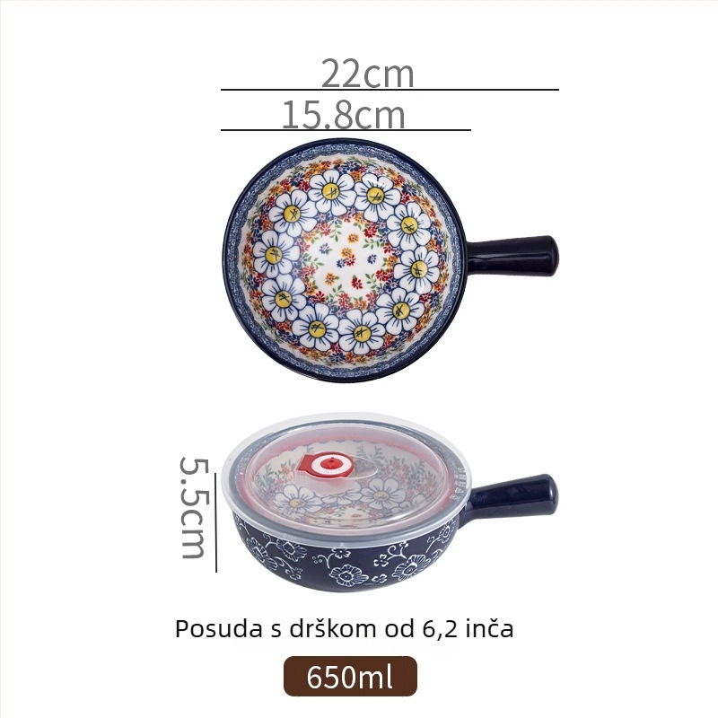 Porcelanska zdjela za salatu s ručkom, uzorak biljaka, nordijski stil, okrugli oblik, otporna na mikrovalnu