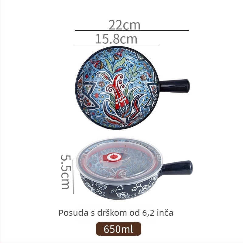 Porcelanska zdjela za salatu s ručkom, uzorak biljaka, nordijski stil, okrugli oblik, otporna na mikrovalnu
