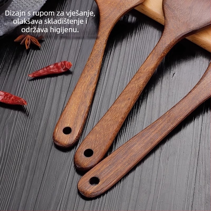 Set drvenih žlica i spatula, s drvenim ručkama, nelepivi premaz, protuklizna površina, otpornost na visoke temperature