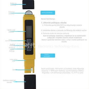Prijenosni tester kvalitete vode TDS/EC s pozadinskim osvjetljenjem — EC004, 0–9999 ppm, ±2% točnost, mjeri teške metale i ukupnu tvrdoću vode