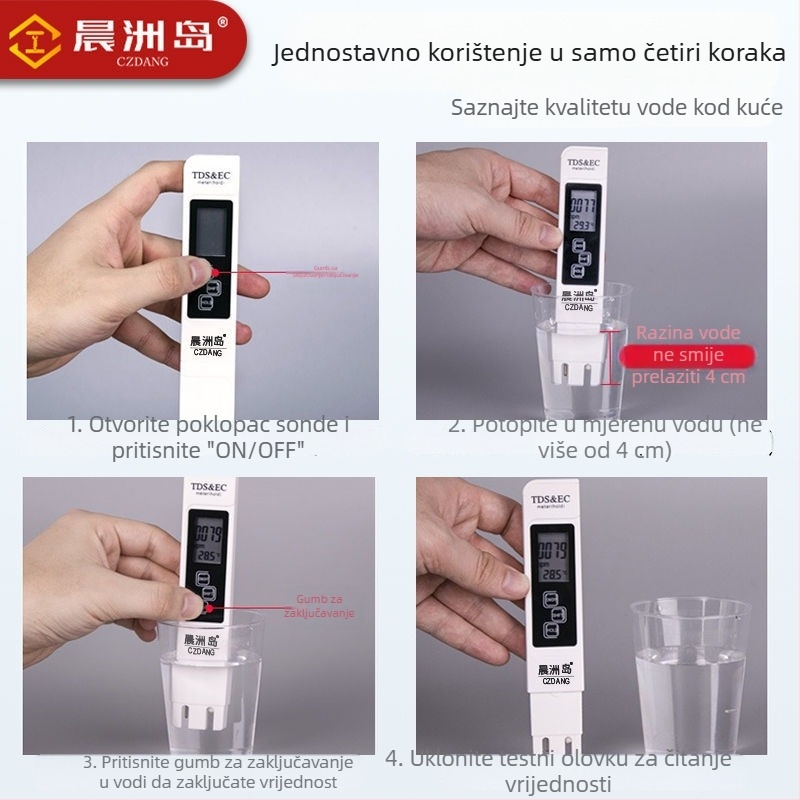 Prijenosni analizator kvalitete vode Morning Island A1 – pH, TDS 0–9999 ppm, provodnost 0–9999 µS/cm, točnost 2% F.S.