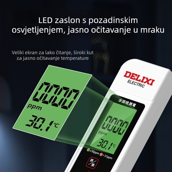 Delixi DLX-GM766 Prijenosni analitičar kvalitete vode – TDS mjerač za vodu iz slavine i pitku vodu, raspon mjerenja 0-9990 ppm, točnost ±2% FS, napajanje 3V