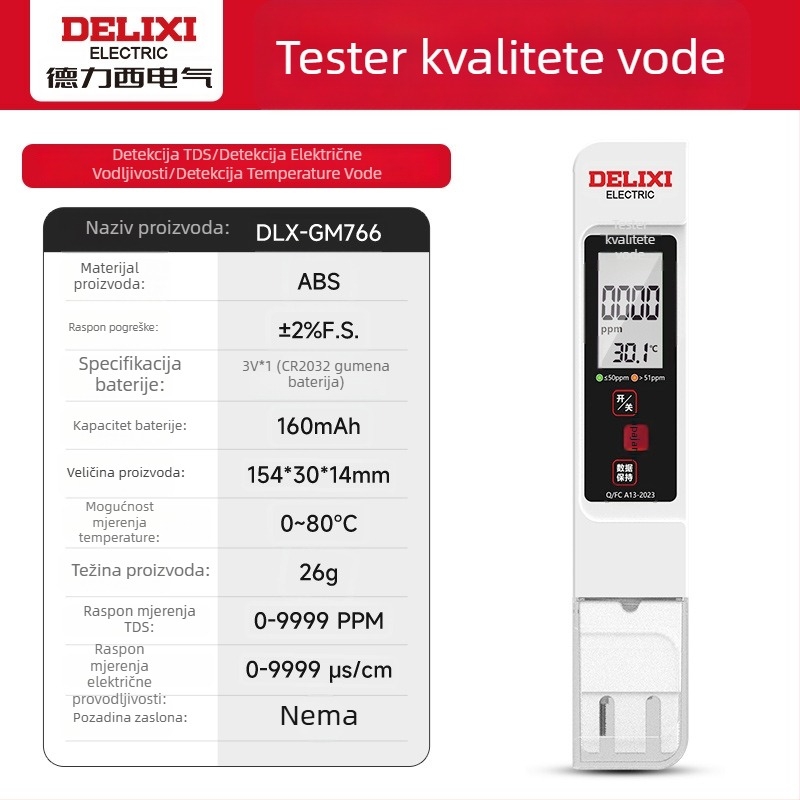 Delixi DLX-GM766 Prijenosni analitičar kvalitete vode – TDS mjerač za vodu iz slavine i pitku vodu, raspon mjerenja 0-9990 ppm, točnost ±2% FS, napajanje 3V