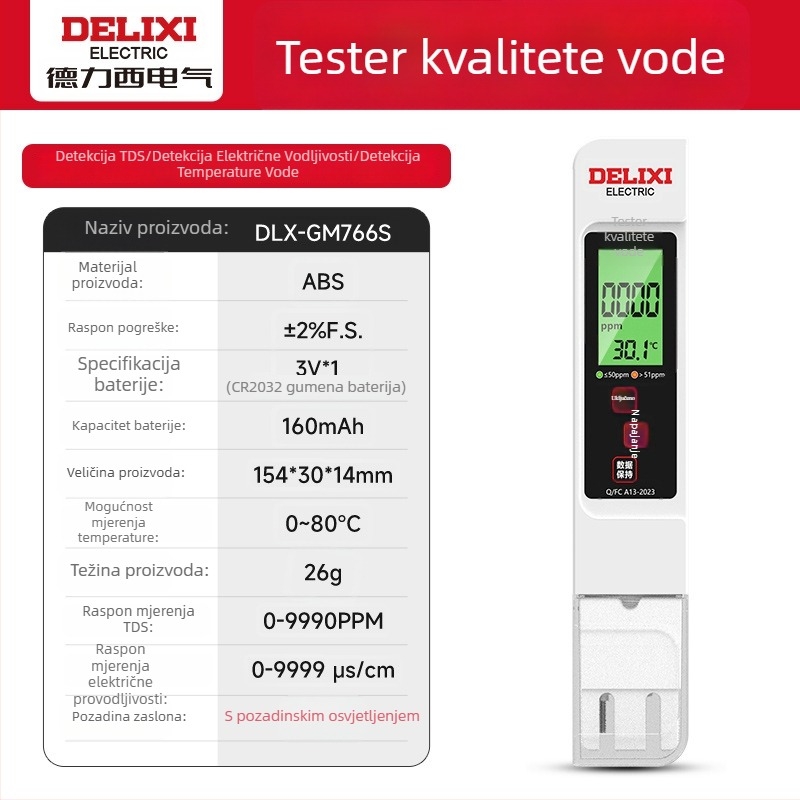 Delixi DLX-GM766 Prijenosni analitičar kvalitete vode – TDS mjerač za vodu iz slavine i pitku vodu, raspon mjerenja 0-9990 ppm, točnost ±2% FS, napajanje 3V