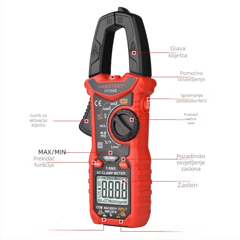 HABOTEST HT206B 600A AC klemni ampermetar, digitalni zaslon, visoka preciznost