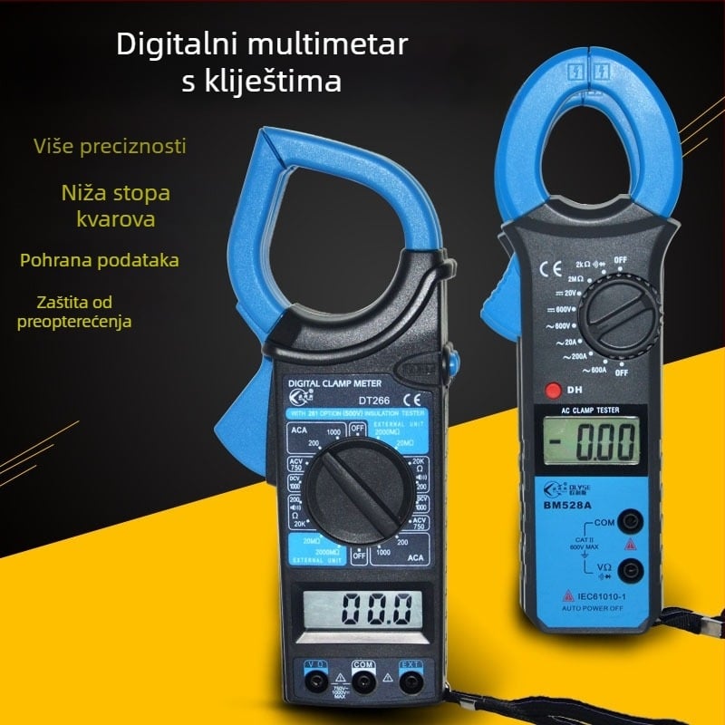 Digitalni kleštni multimetar, tip 266, visoka preciznost, automatski raspon, otvor klešta 50 mm, mjerenje napona do 1000 V, struja do 1000 A, otpor 0–20 kΩ