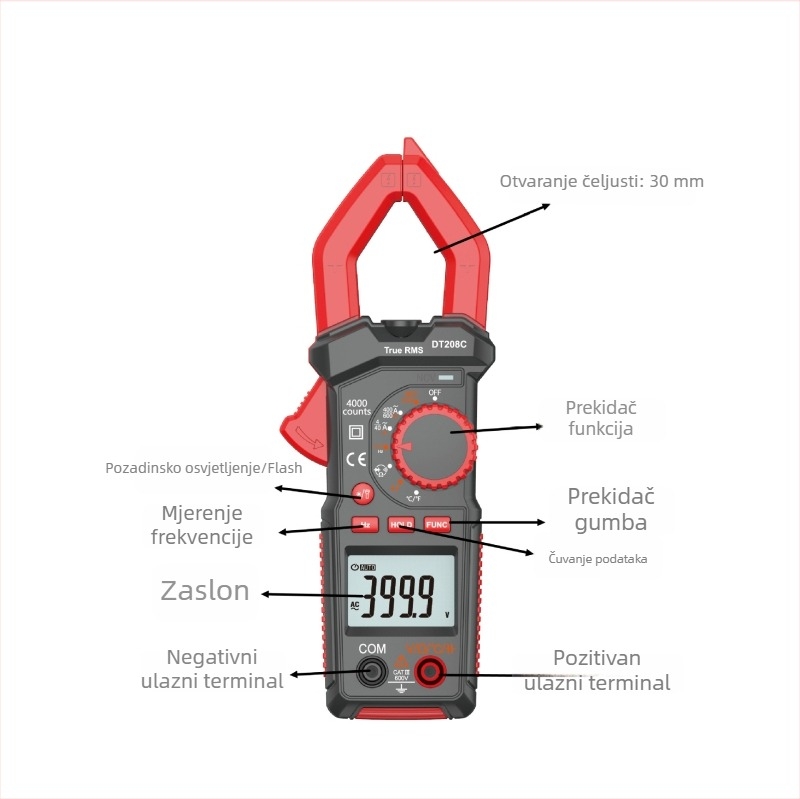 NJTY Pametni digitalni kleštni mjerač, automatski raspon, mjerenje temperature i kapaciteta, 600 A