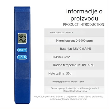 Prijenosni analizator kakvoće vode TDS-H1A: raspon 0–9990 ppm, točnost 1 ppm, napajanje 3V