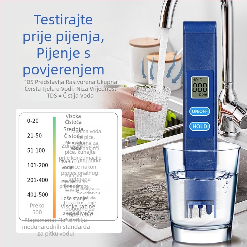 Prijenosni analizator kakvoće vode TDS-H1A: raspon 0–9990 ppm, točnost 1 ppm, napajanje 3V