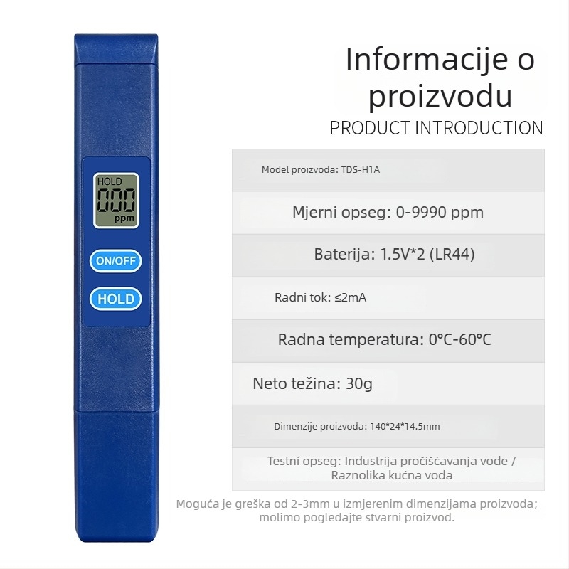 Prijenosni analizator kakvoće vode TDS-H1A: raspon 0–9990 ppm, točnost 1 ppm, napajanje 3V