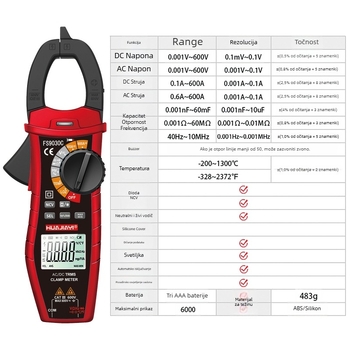 DC klema mjerač, raspon 600 A, napon 600 V, otpor 60 MΩ, otvor vilice 37.5 mm