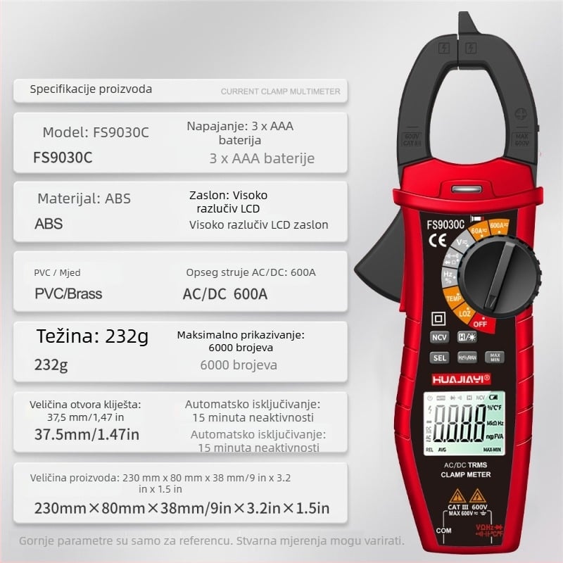 DC klema mjerač, raspon 600 A, napon 600 V, otpor 60 MΩ, otvor vilice 37.5 mm