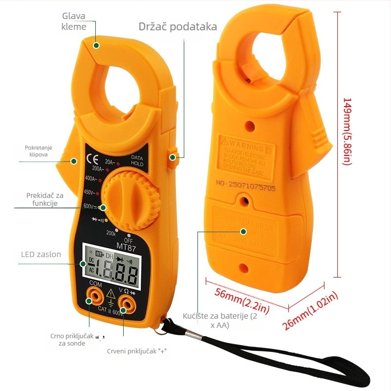 MT87 digitalni klamp-multimetar s prikazom, puna zaštita, test kontinuiteta uz zvučni signal, mjerenje struje