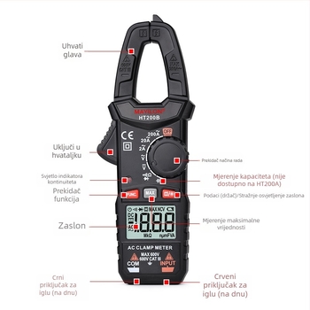 Mai Yilong digitalni kliještni multimetar HT200A/HT200B: napon 0–750 V, struja do 600 A, otpor 40 mΩ, otvor kliješta 25 mm