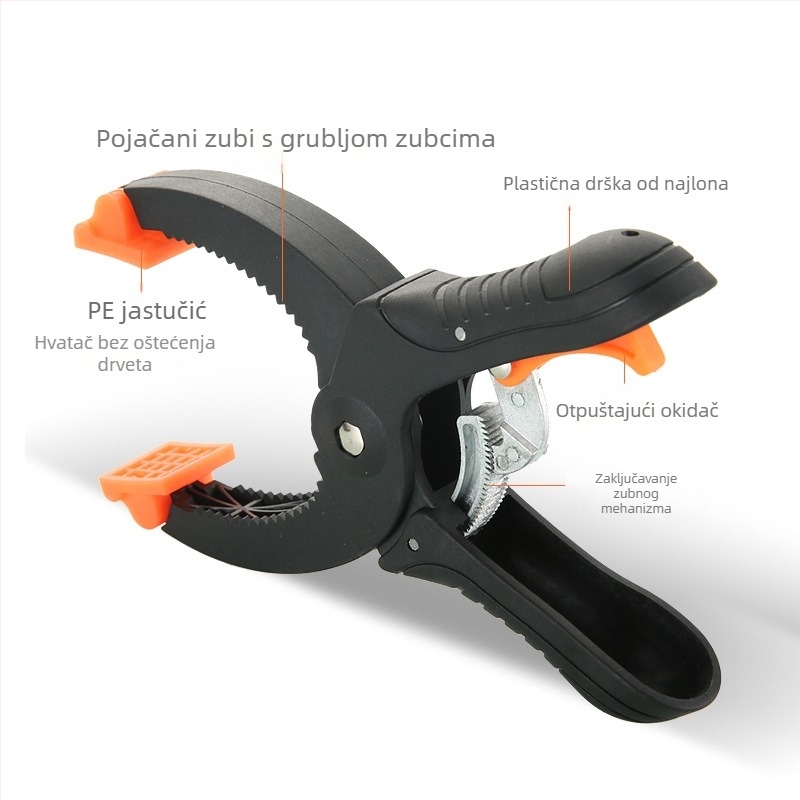G-klamp za stolarske poslove — univerzalni fiksni steznik, podesivi tlak, brzi zupčasti mehanizam, plastična konstrukcija