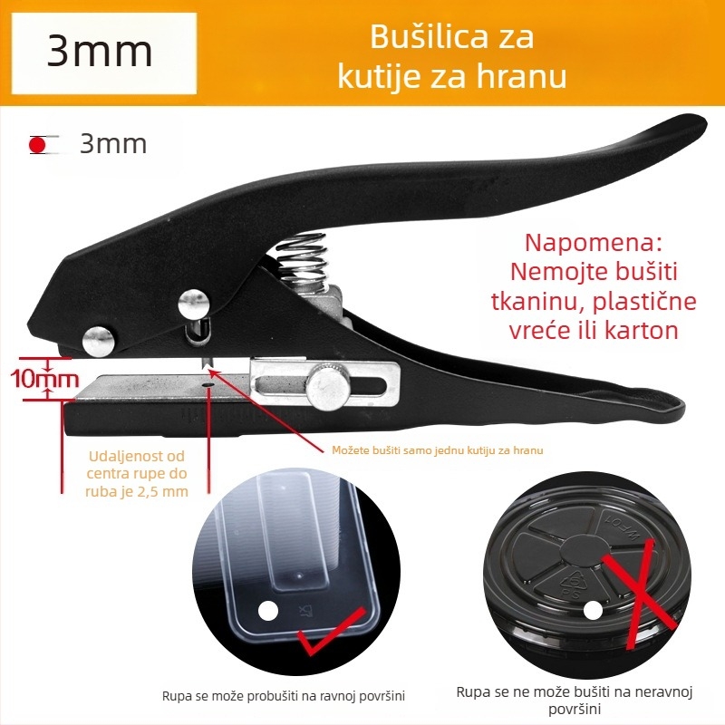 Stroj za bušenje ventilacijskih otvora poklopca plastične šalice za kutije za dostavu; materijal: cink legura; težina 0,35 kg; namjena: catering, ručna izrada; funkcija: bušenje ventilacijskih otvora poklopca