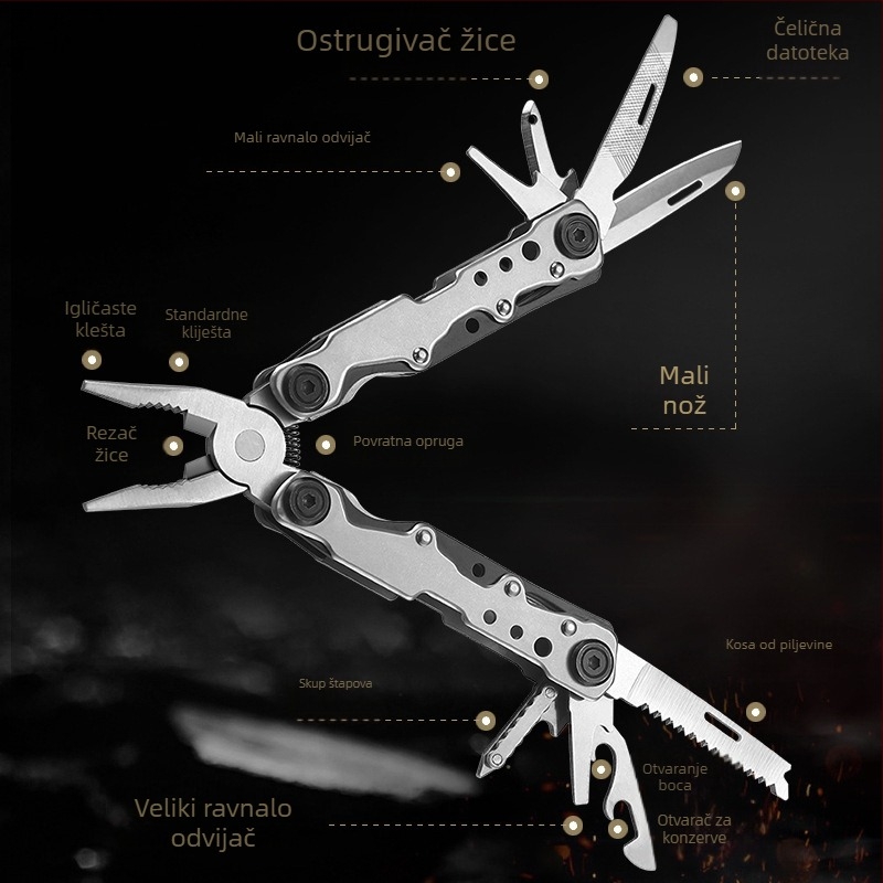 Vanjske sklopne kliješta od nehrđajućeg čelika s višenamjenskim alatom (Wire cutter, Can opener, Bottle opener, Screwdriver • Rust-resistant • Težina 0.302 kg)