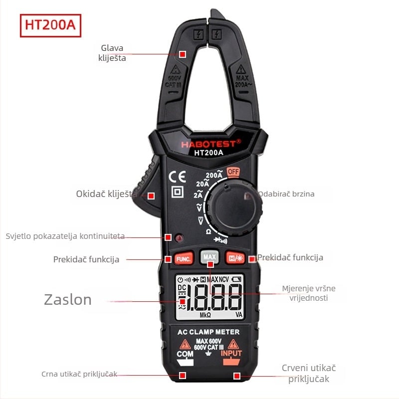 HABOTEST HT200A/B AC kleštni ampermetar s digitalnim zaslonom