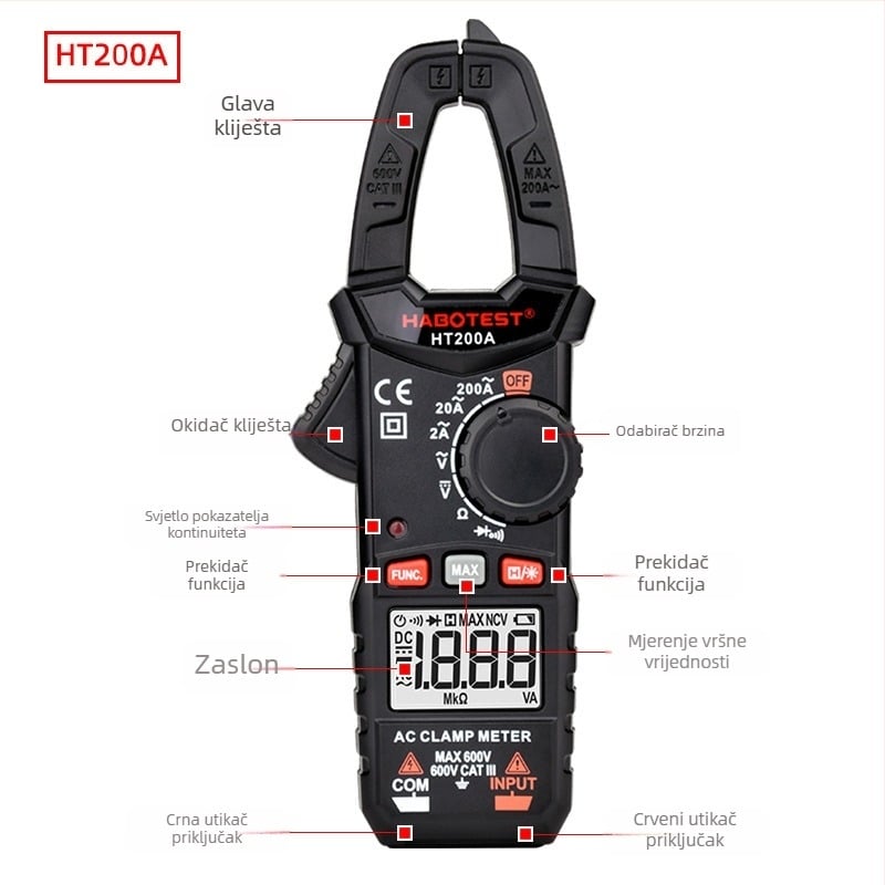 HABOTEST HT200A/B AC kleštni ampermetar s digitalnim zaslonom