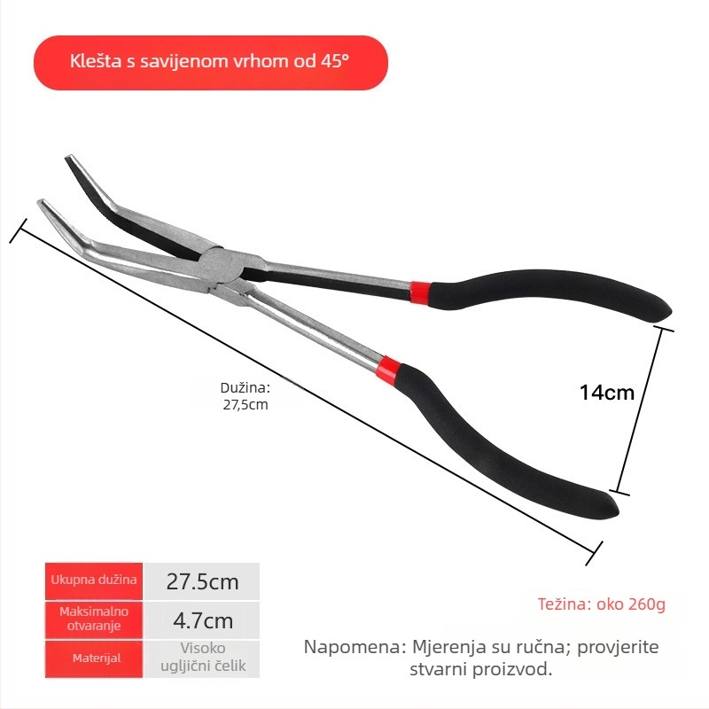 Klešta s iglom nosom - produžene dugi nosovi, zakrivljene vrhove 45°/90°, Električarske višenamjenske kliješta — Marka: win win; Materijal: Drugo; Težina: Više; Specifikacije: Više