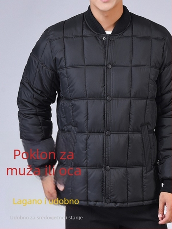 Muški kaput s punilom od pamuka-pufa, debeo, jednostruki, bez kapulje, vanjska tkanina poliester, podstava 70% pamuk, džepovi sa zipom, ravni rub, zimska toplina