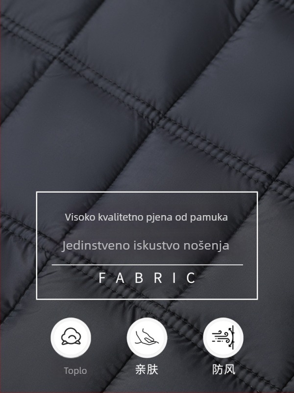 Muški kaput s punilom od pamuka-pufa, debeo, jednostruki, bez kapulje, vanjska tkanina poliester, podstava 70% pamuk, džepovi sa zipom, ravni rub, zimska toplina