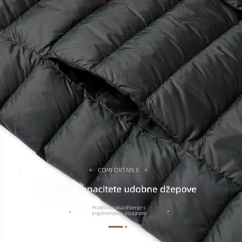 Muška down jakna – lagana zimska jakna, bijelo patka perje (86–90%), 550 punjenja, vanjski materijal Nylon/Poliamid 100%, podstava Poliester 100%, uska kroj