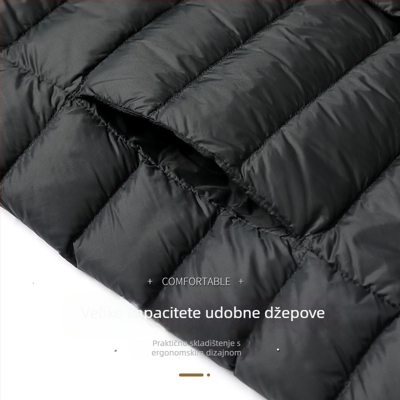 Muška down jakna – lagana zimska jakna, bijelo patka perje (86–90%), 550 punjenja, vanjski materijal Nylon/Poliamid 100%, podstava Poliester 100%, uska kroj