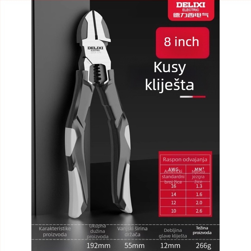 Delixi Electric industrijske dijagonale kliješte za električare, visoka tvrdoća, nagnute čeljusti, krom-vanadij čelik