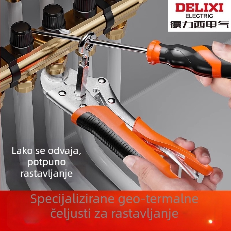 Delixi kliješta za podno grijanje – ručno rastavljanje i čišćenje cijevi, zupčaste čeljusti, ugradnja vodovodnog raspodjelnika