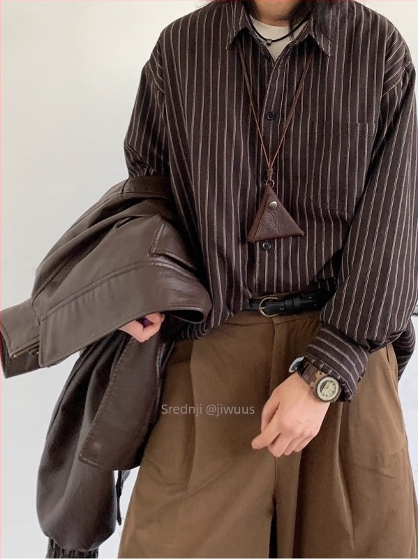 Muška prugasta košulja s dugim rukavima u japanskom retro stilu, labav kroj, poliester, ovratnik, nadahnut kardiganom