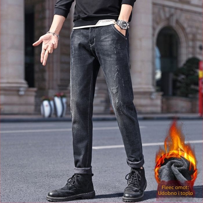 Muške traperice s flis podstavom, ravni kroj, zatvarač, isprao denim, za proljeće