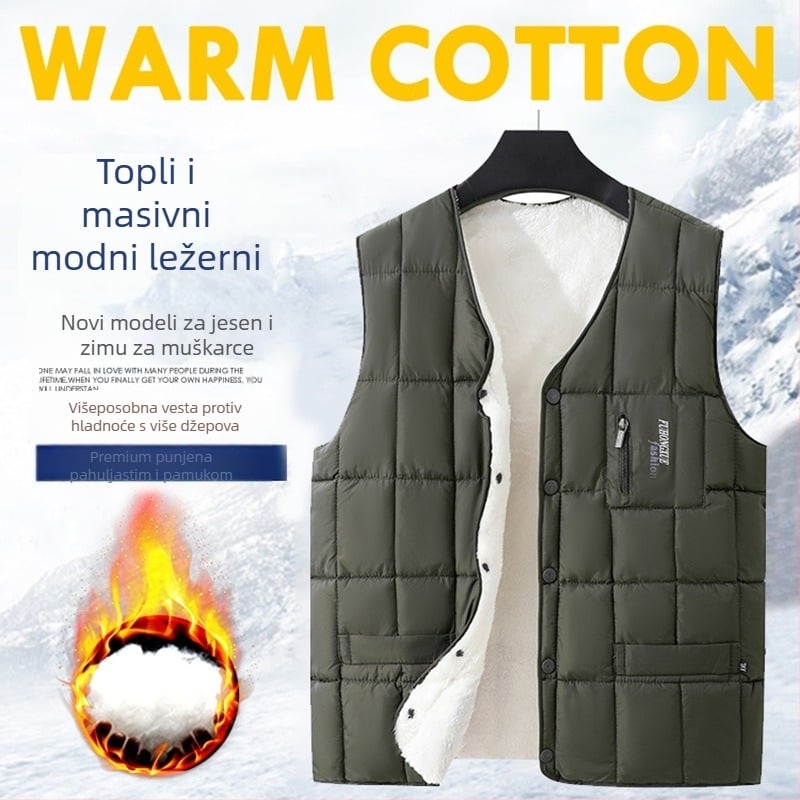 Muška puf-pamučna vesta s kapuljom, V-izrezom, dvostrukim zatvaranjem, prugastim uzorkom, debela zimska casual