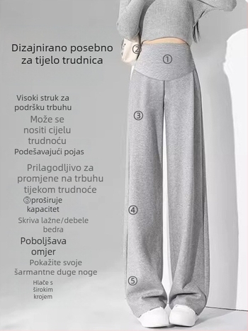 Trudničke hlače s potporom za trbuh, širokih krojeva, dugačke hlače, tkanina od pamuk-poliester smjese (50–70% pamuk, 30–50% poliester)
