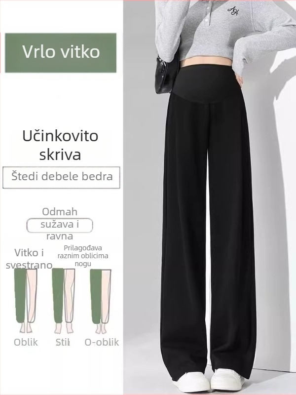 Trudničke hlače s potporom za trbuh, širokih krojeva, dugačke hlače, tkanina od pamuk-poliester smjese (50–70% pamuk, 30–50% poliester)