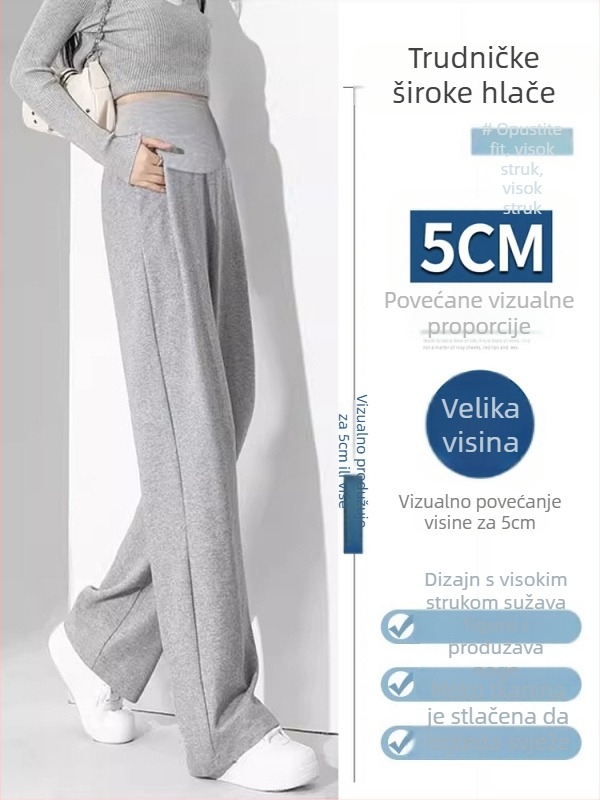 Trudničke hlače s potporom za trbuh, širokih krojeva, dugačke hlače, tkanina od pamuk-poliester smjese (50–70% pamuk, 30–50% poliester)