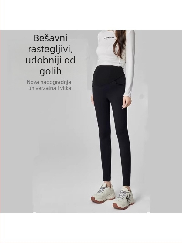 Trudničke hlače od vunene mješavine, dugačke, visok struk, podrška trbuhu, fleec podstava