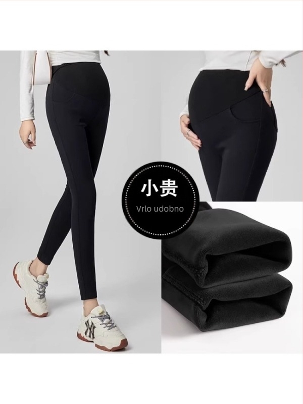 Trudničke hlače od vunene mješavine, dugačke, visok struk, podrška trbuhu, fleec podstava