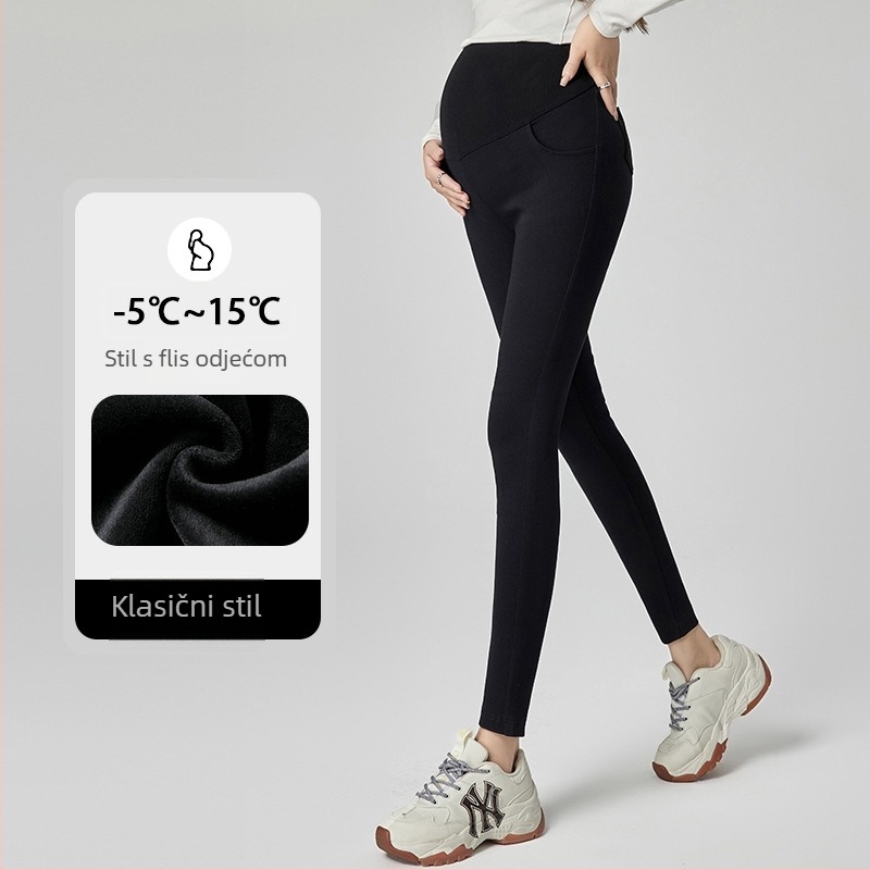 Trudničke hlače od vunene mješavine, dugačke, visok struk, podrška trbuhu, fleec podstava